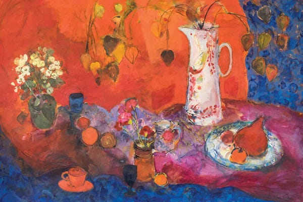 Ann Oram: Red Still Life With White Jug And Fruit by Ann Oram