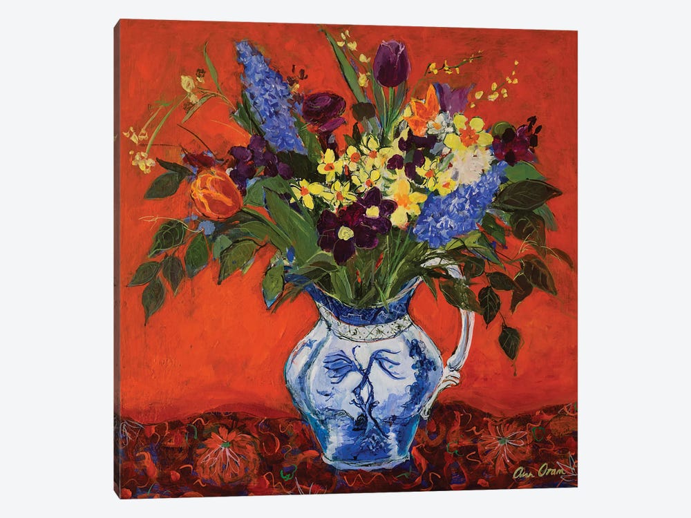 Spring Flowers On Red, 2017 by Ann Oram 1-piece Canvas Wall Art
