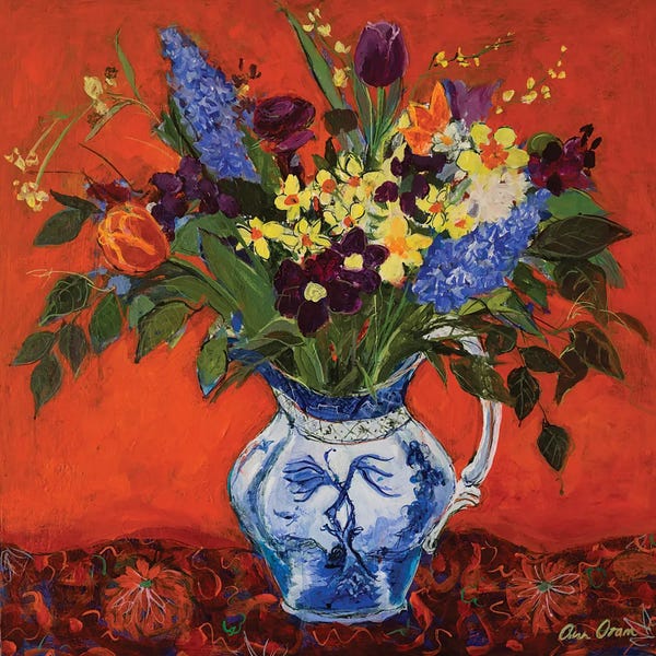 Fine Art Print: Spring Flowers On Red, 2017 by Ann Oram