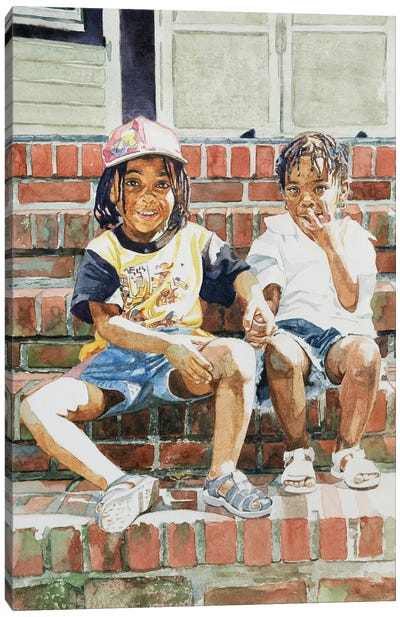 On The Front Step, 2002 Canvas Art Print - Child Portrait Art