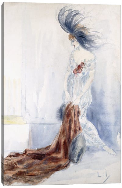 Elegant Lady With Plumed Hat And Fur Coat Canvas Art Print - Art Deco