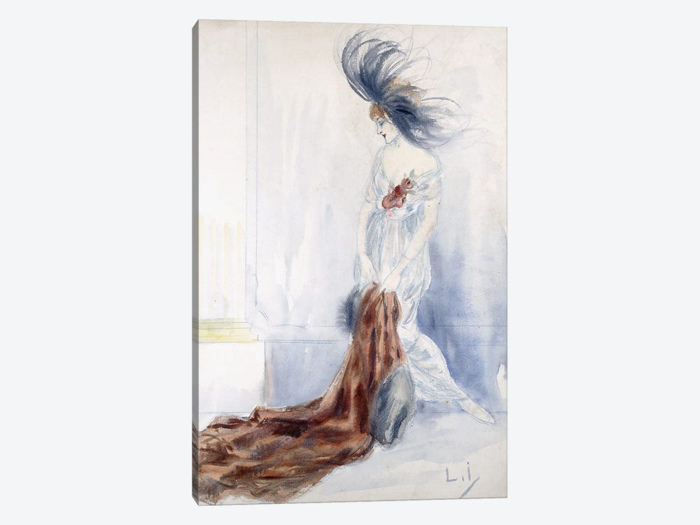Elegant Lady With Plumed Hat And Fur Coat by Louis Icart 1-piece Canvas Print