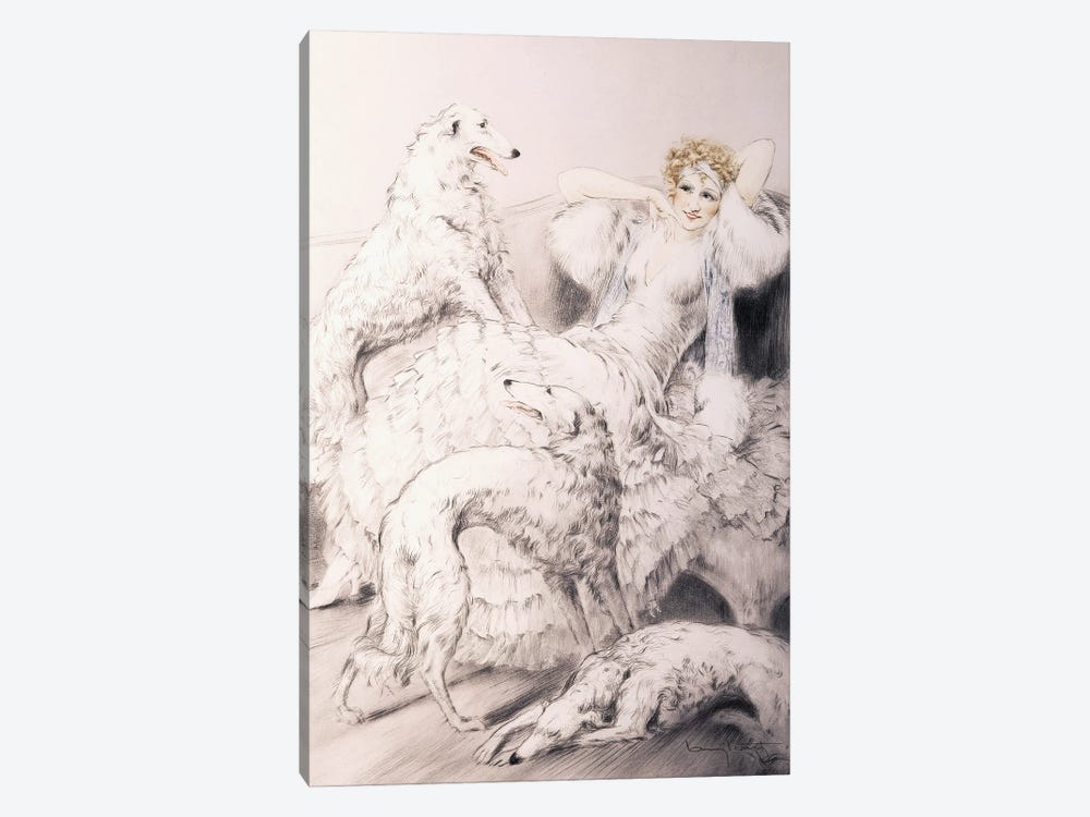 Gril With Attendant Borzoi by Louis Icart 1-piece Canvas Art Print