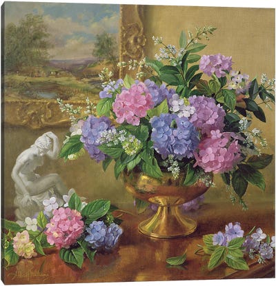 Still Life Of Hydrangeas And Lilacs Canvas Art Print - Brown Art