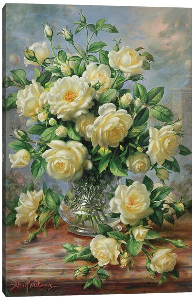 Princess Diana Roses In A Cut Glass Vase Canvas Art Print - Pottery Still Life