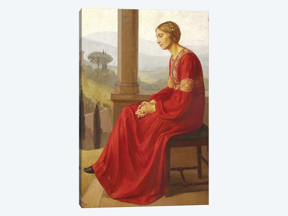 A Woman In A Red Dress Sitting On A Terrace In An Italian Landscape, 1909 by Christian Bang 1-piece Canvas Wall Art