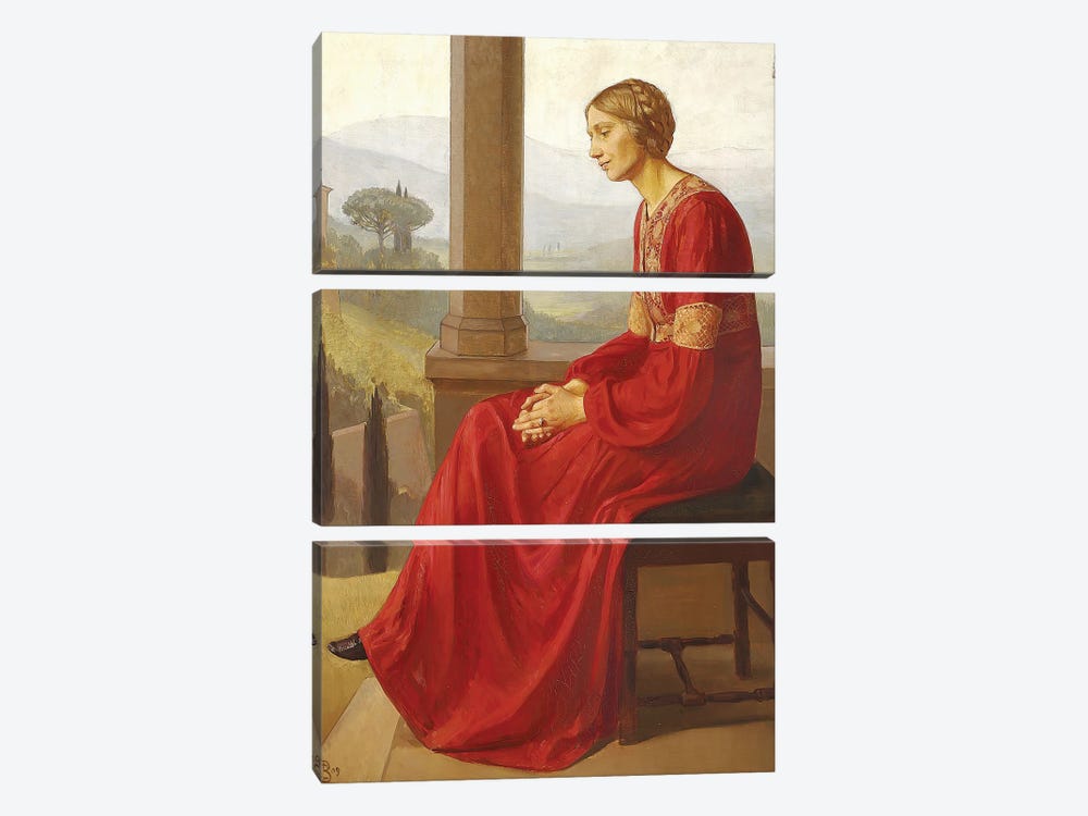 A Woman In A Red Dress Sitting On A Terrace In An Italian Landscape, 1909 by Christian Bang 3-piece Canvas Art