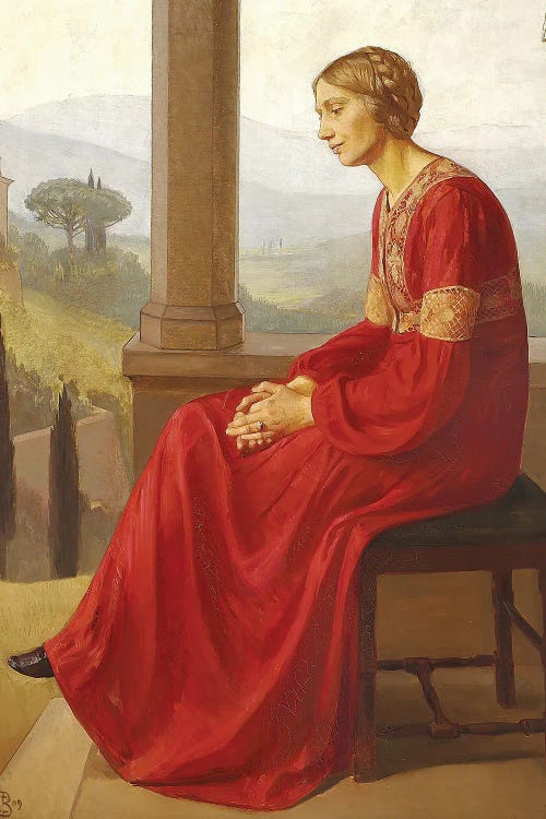 A Woman In A Red Dress Sitting On A Terrace In An Italian Landscape, 1909 by Christian Bang wall art