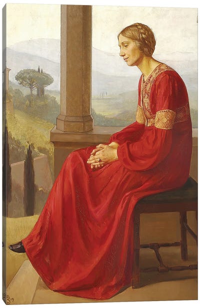A Woman In A Red Dress Sitting On A Terrace In An Italian Landscape, 1909 Canvas Art Print - Red Art