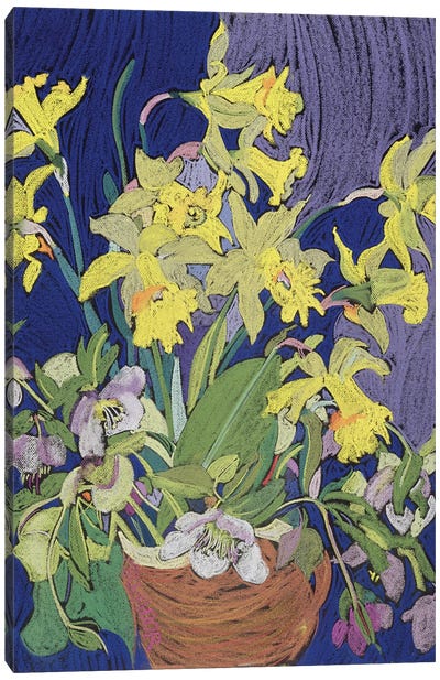 Daffodils With Jug Canvas Art Print - Pottery Still Life
