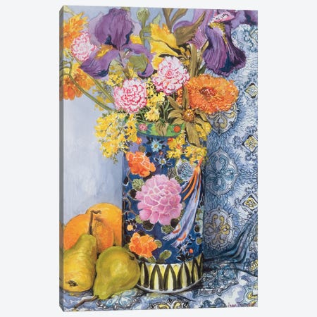 Iris And Pinks In A Japanese Vase With Pears Canvas Print #BMN13374} by Joan Thewsey Canvas Artwork