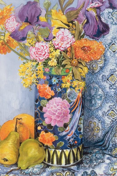 Irises: Iris And Pinks In A Japanese Vase With Pears by Joan Thewsey
