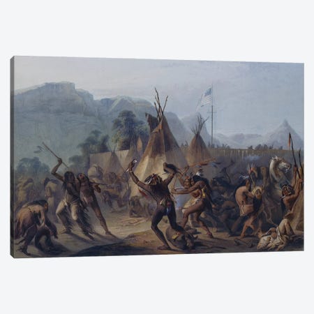 Assiniboine And Cree Indians Attack A Blackfoot Encampment At Fort Mckenzie On August 28, 1833 Canvas Print #BMN13398} by Karl Bodmer Canvas Print