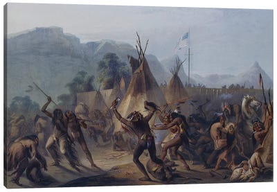 Assiniboine And Cree Indians Attack A Blackfoot Encampment At Fort Mckenzie On August 28, 1833 Canvas Art Print - Native American Décor