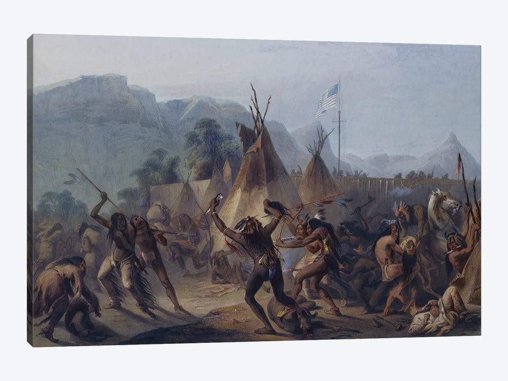 Assiniboine And Cree Indians Attack A Blackfoot Encampment At Fort Mckenzie On August 28, 1833 by Karl Bodmer 1-piece Canvas Art Print