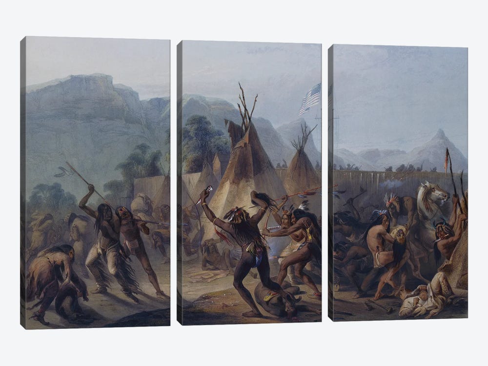 Assiniboine And Cree Indians Attack A Blackfoot Encampment At Fort Mckenzie On August 28, 1833 by Karl Bodmer 3-piece Art Print