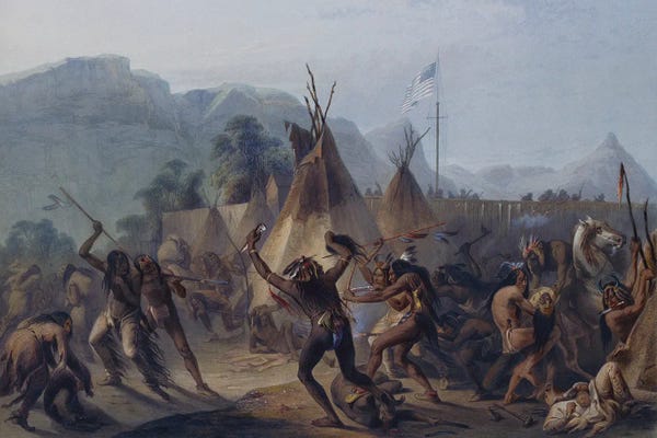 Indigenous & Native American Culture: Assiniboine And Cree Indians Attack A Blackfoot Encampment At Fort Mckenzie On August 28, 1833 by Karl Bodmer
