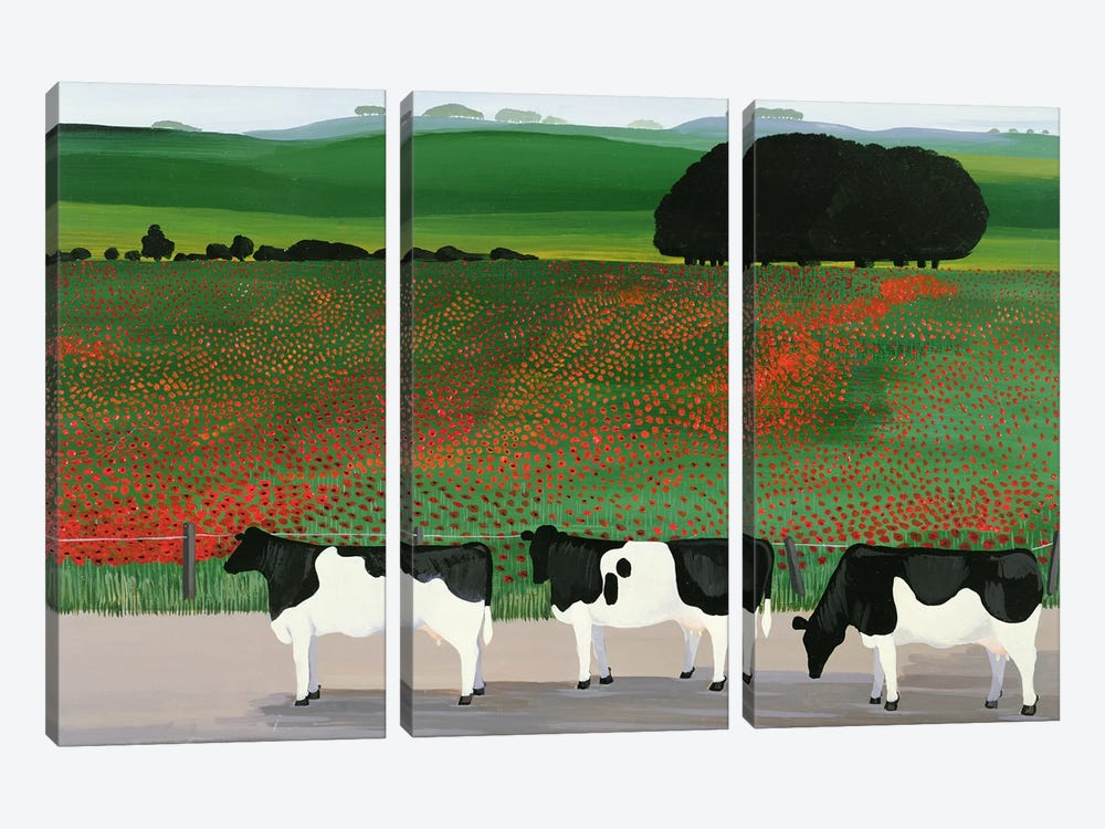 Cows And Poppies by Maggie Rowe 3-piece Canvas Art Print