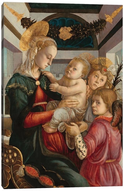 Madonna And Child With Angels, 1465-70 Canvas Art Print - Brown Art