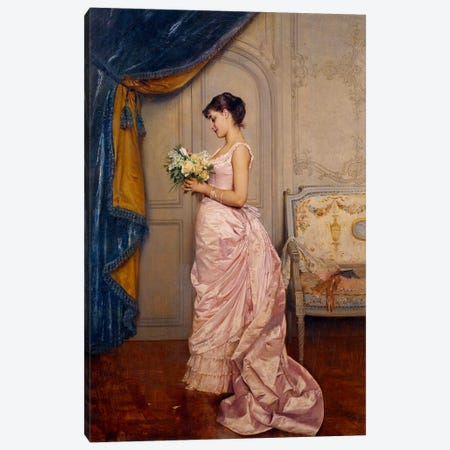 Sweet Ticket, A Young Woman Reads A Love Letter From An Admirer With A Bouquet Of Flowers Canvas Print #BMN13455} by Auguste Toulmouche Canvas Art Print