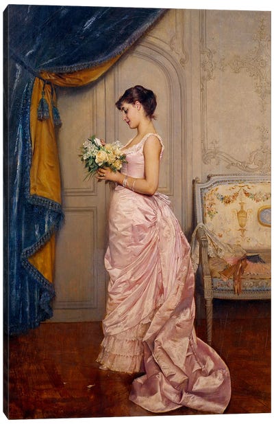 Sweet Ticket, A Young Woman Reads A Love Letter From An Admirer With A Bouquet Of Flowers Canvas Art Print