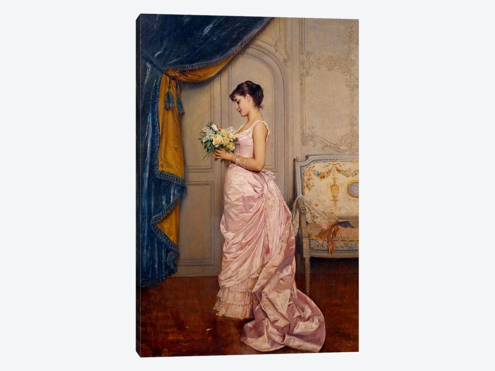Sweet Ticket, A Young Woman Reads A Love Letter From An Admirer With A Bouquet Of Flowers by Auguste Toulmouche 1-piece Canvas Art Print