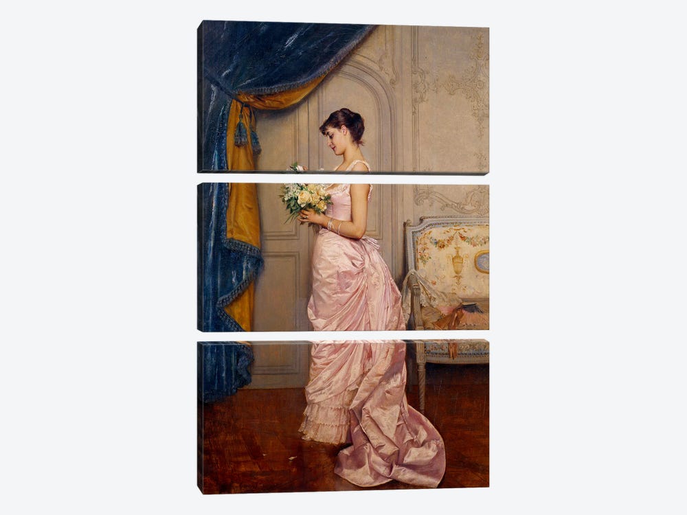 Sweet Ticket, A Young Woman Reads A Love Letter From An Admirer With A Bouquet Of Flowers by Auguste Toulmouche 3-piece Canvas Art Print
