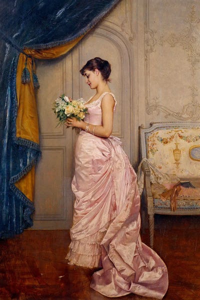Sweet Ticket, A Young Woman Reads A Love Letter From An Admirer With A Bouquet Of Flowers