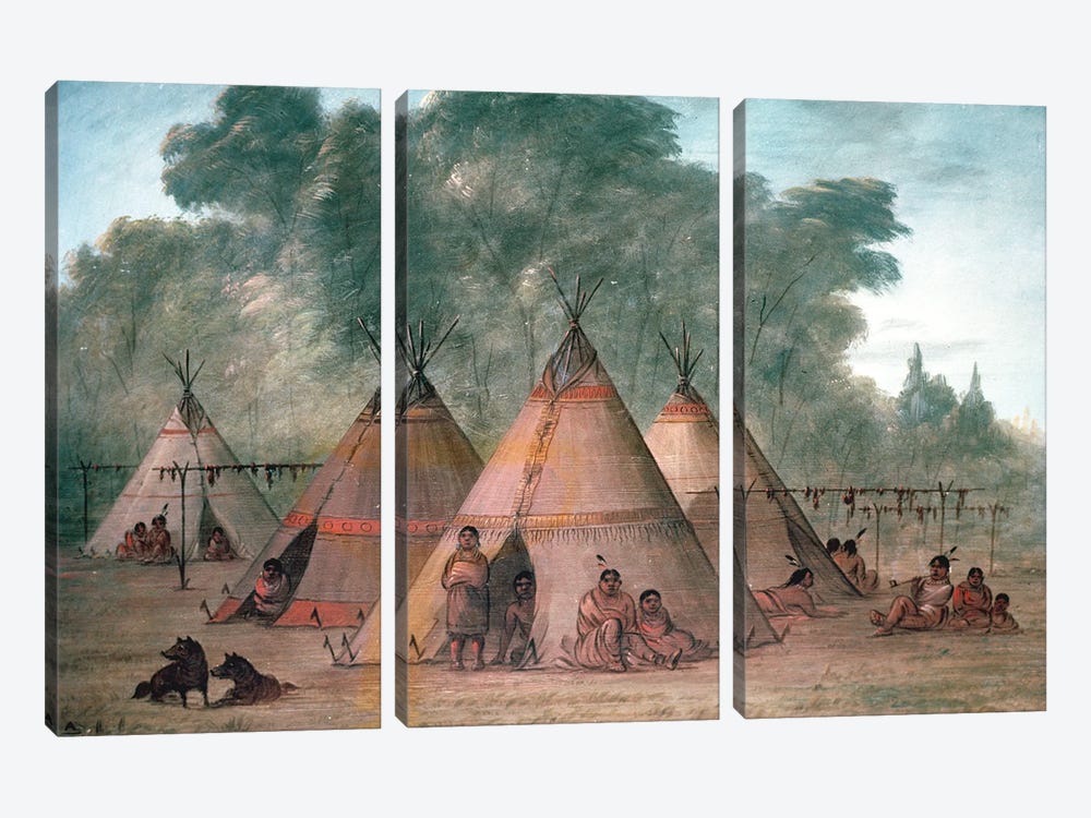 Sioux Village by George Catlin 3-piece Canvas Art Print