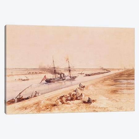 A Turkish Paddle Steamer Going Up the Suez Canal, from a souvenir album to commemorate the Voyage of Empress Eugenie  Canvas Print #BMN1350} by Edouard Riou Canvas Art