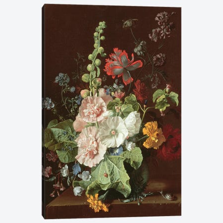 Hollyhocks and Other Flowers in a Vase, 1702-20  Canvas Print #BMN1458} by Jan van Huysum Canvas Art Print