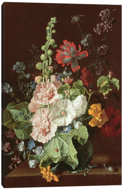 Hollyhocks and Other Flowers in a Vase, 1702-20  Canvas Art Print