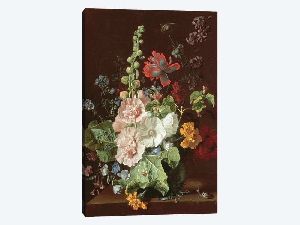 Hollyhocks and Other Flowers in a Vase, 1702-20  1-piece Canvas Print