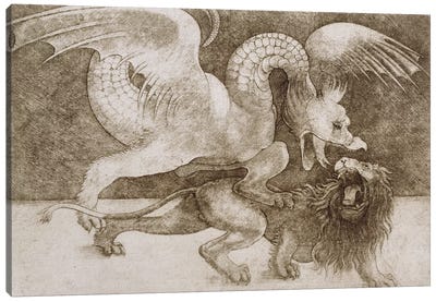 Fight between a Dragon and a Lion  Canvas Art Print - Leonardo da Vinci