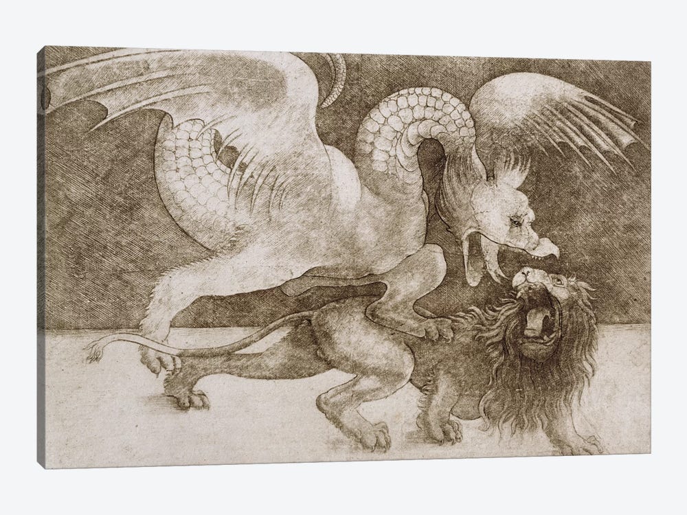 Fight between a Dragon and a Lion  by Leonardo da Vinci 1-piece Canvas Artwork