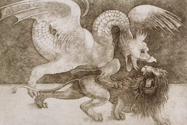 Renaissance: Fight between a Dragon and a Lion by Leonardo da Vinci