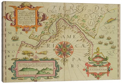 Map of the Magellan Straits, Patagonia, from the Mercator 'Atlas' pub. by Jodocus Hondius  Canvas Art Print - Dutch School