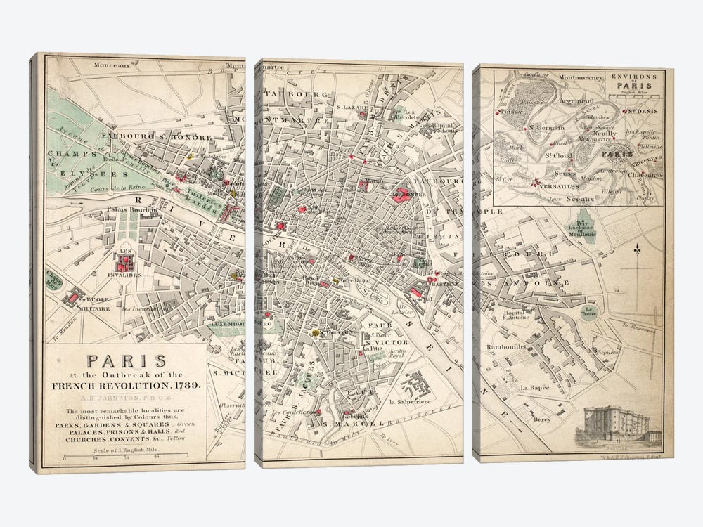 Paris at the outbreak of the French Revolution in 1789  by English School 3-piece Canvas Print