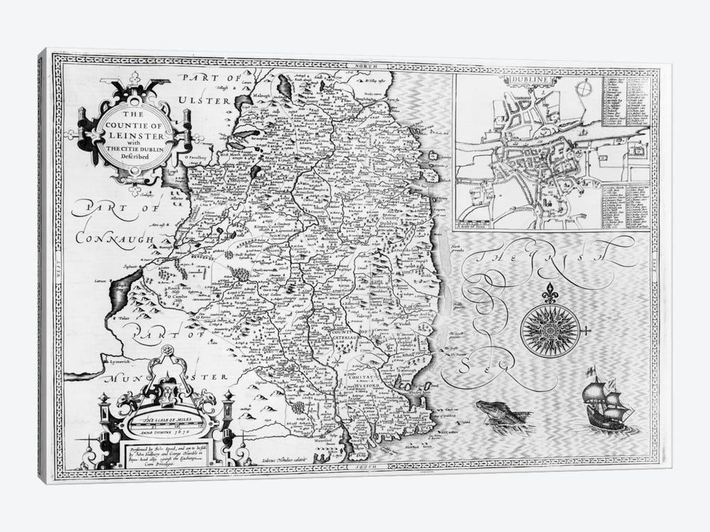 The County of Leinster with the City of Dublin Described, engraved by Jodocus Hondius  by John Speed 1-piece Canvas Art