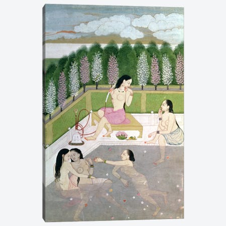 Girls Bathing, Pahari Style, Kangra School, Himachel Pradesh, 18th century  Canvas Print #BMN1504} by Indian School Canvas Artwork
