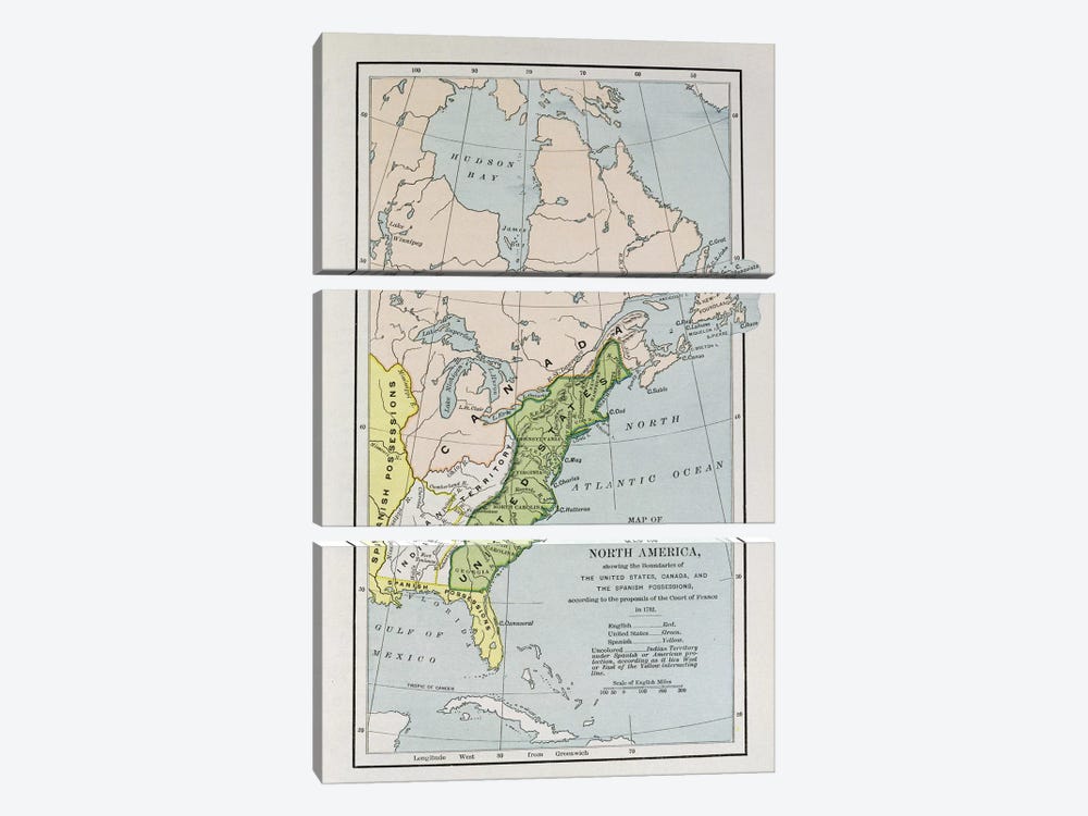 Map Of North America Showing Possession Boundaries, The Narrative And Critical History of America by English School 3-piece Canvas Print