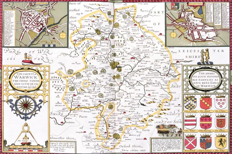 The County of Warwick, the Shire Town and the City of Coventry, engraved by Jodocus Hondius 