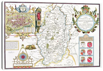 The Countie of Nottingham, engraved by Jodocus Hondius  Canvas Art Print - Country Maps