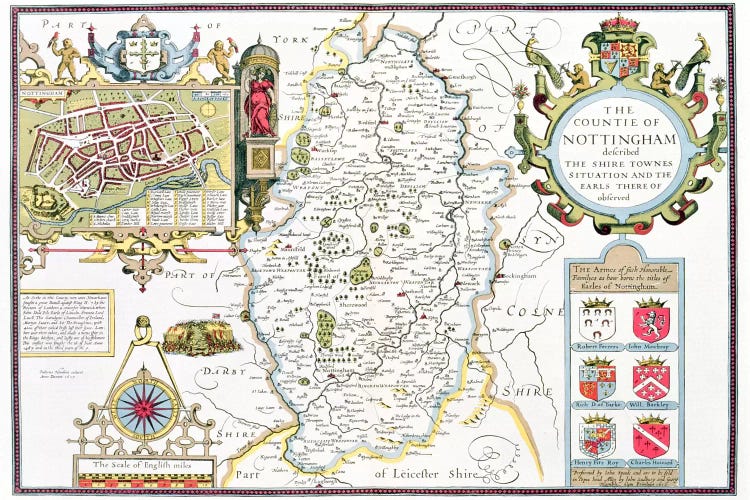 The Countie of Nottingham, engraved by Jodocus Hondius  by John Speed wall art
