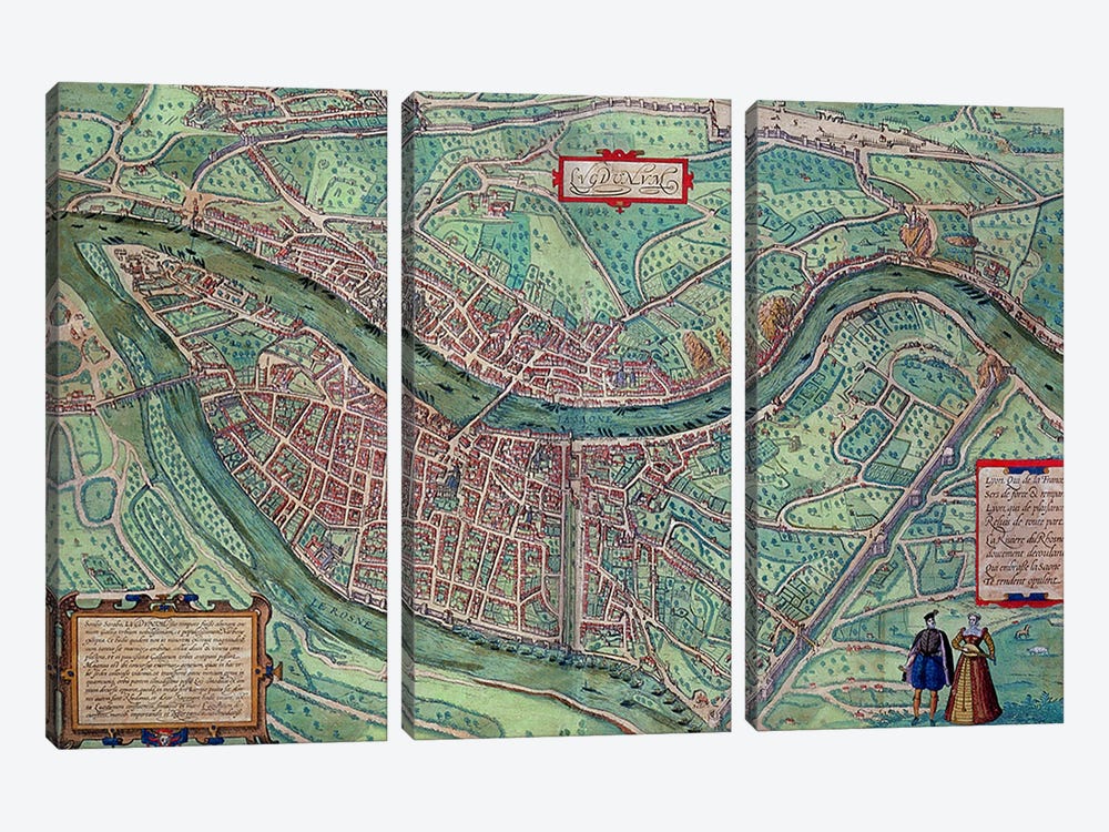 Map of Lyon, from 'Civitates Orbis Terrarum' by Georg Braun  by Joris Hoefnagel 3-piece Canvas Art
