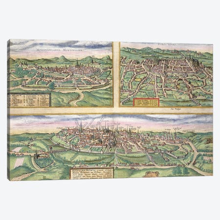 Map of Montpellier, Tours, and Poitiers, from 'Civitates Orbis Terrarum' by Georg Braun  Canvas Print #BMN1639} by Joris Hoefnagel Art Print