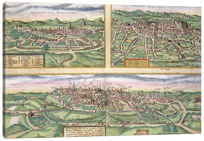 Map of Montpellier, Tours, and Poitiers, from 'Civitates Orbis Terrarum' by Georg Braun  Canvas Art Print