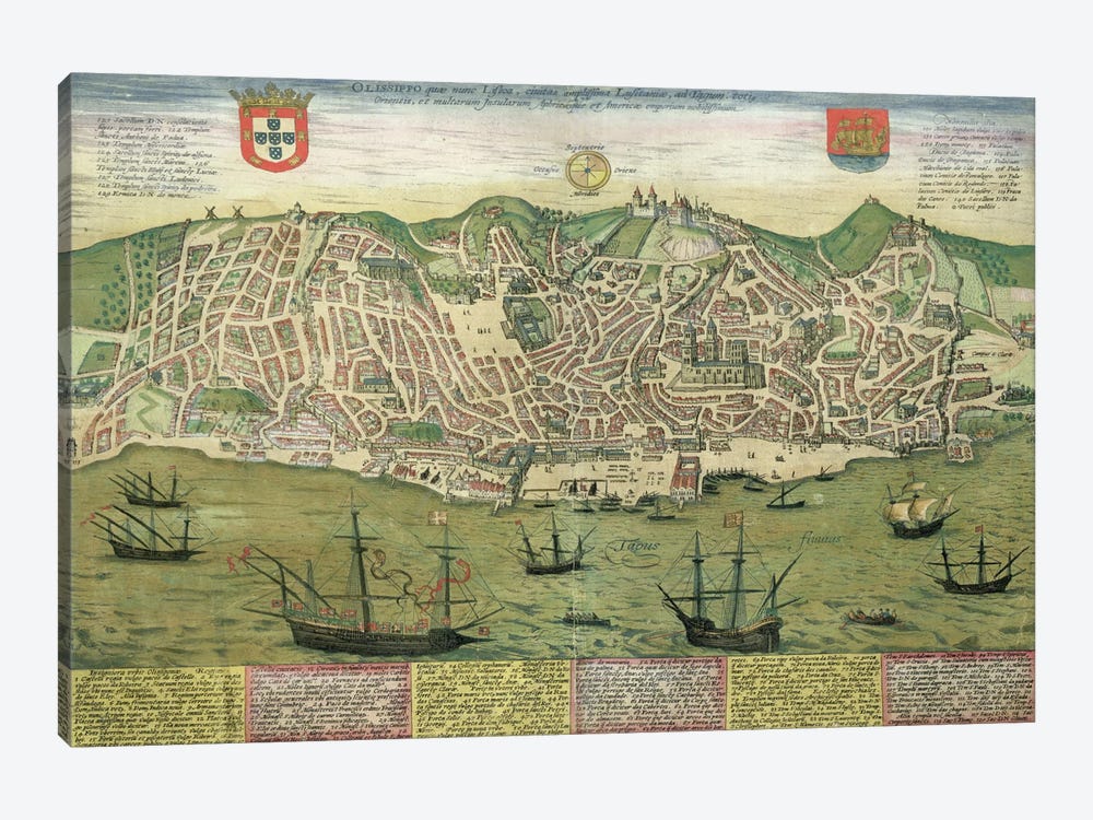 Map of Lisbon, from 'Civitates Orbis Terrarum' by Georg Braun  1-piece Canvas Artwork