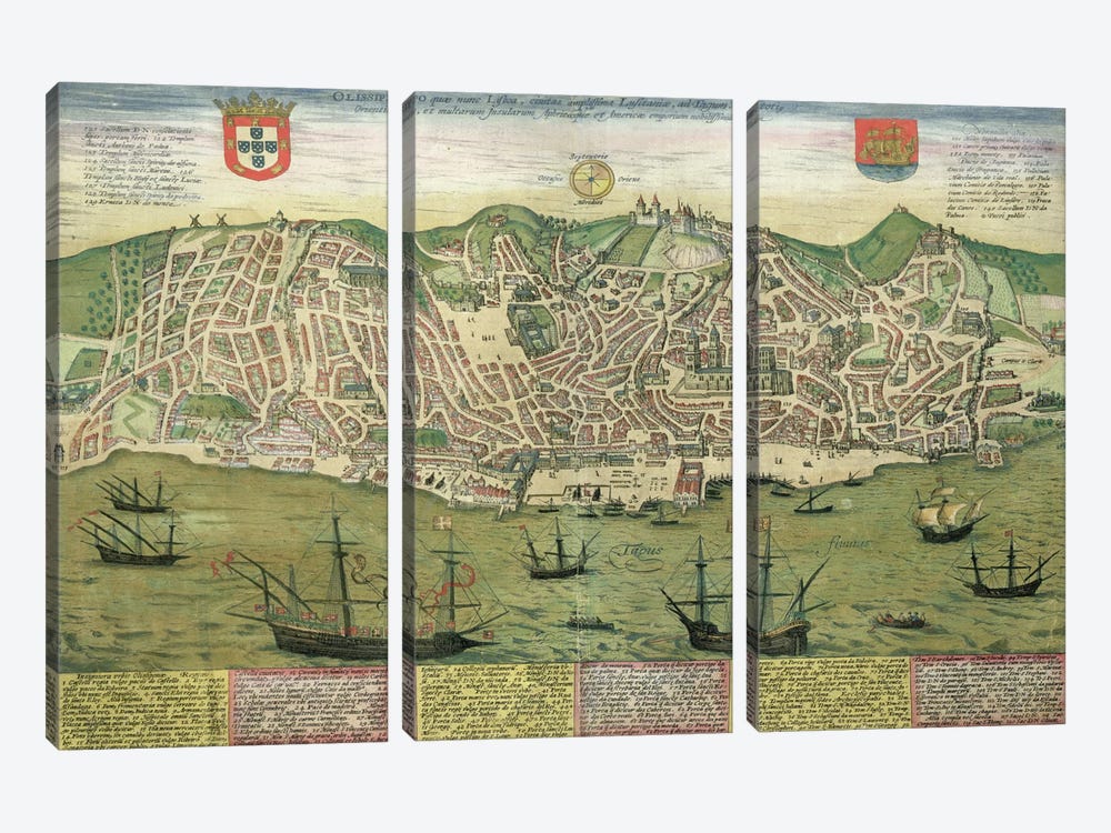 Map of Lisbon, from 'Civitates Orbis Terrarum' by Georg Braun  by Joris Hoefnagel 3-piece Canvas Artwork