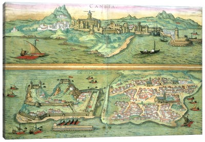 Map of Candia and Corfu, from 'Civitates Orbis Terrarum' by Georg Braun  Canvas Art Print